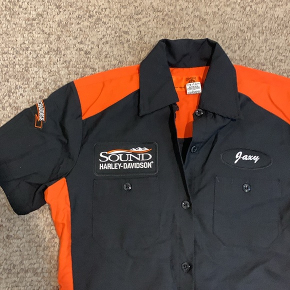Vtg Harley Davidson genuine work wear button up orange black sexy work shirt XS - Picture 3 of 6